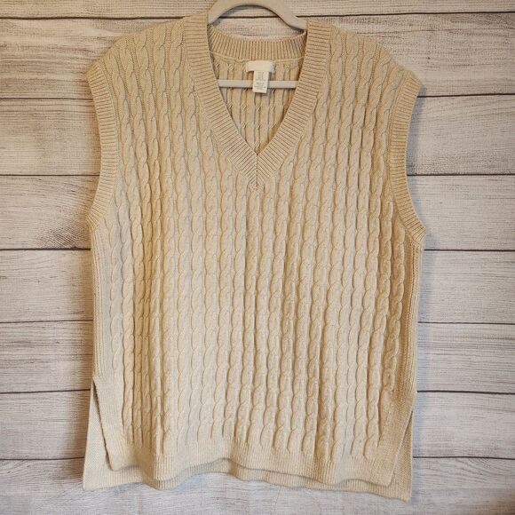 H&M mens medium cream grandpa chunky cable knit pullover vest sweater - Picture 1 of 8